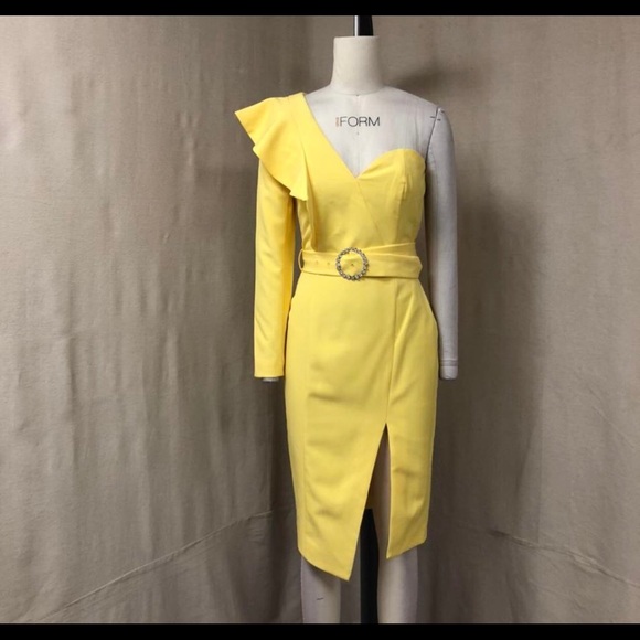 LAVISH ALICE one shoulder ruffle sleeve midi dress in pastel yellow ~ - Picture 7 of 10